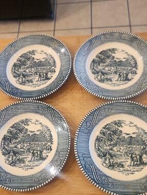 Currier & Ives Blue and White Scenic Ceramic Bread and Butter Plates - Set of 4